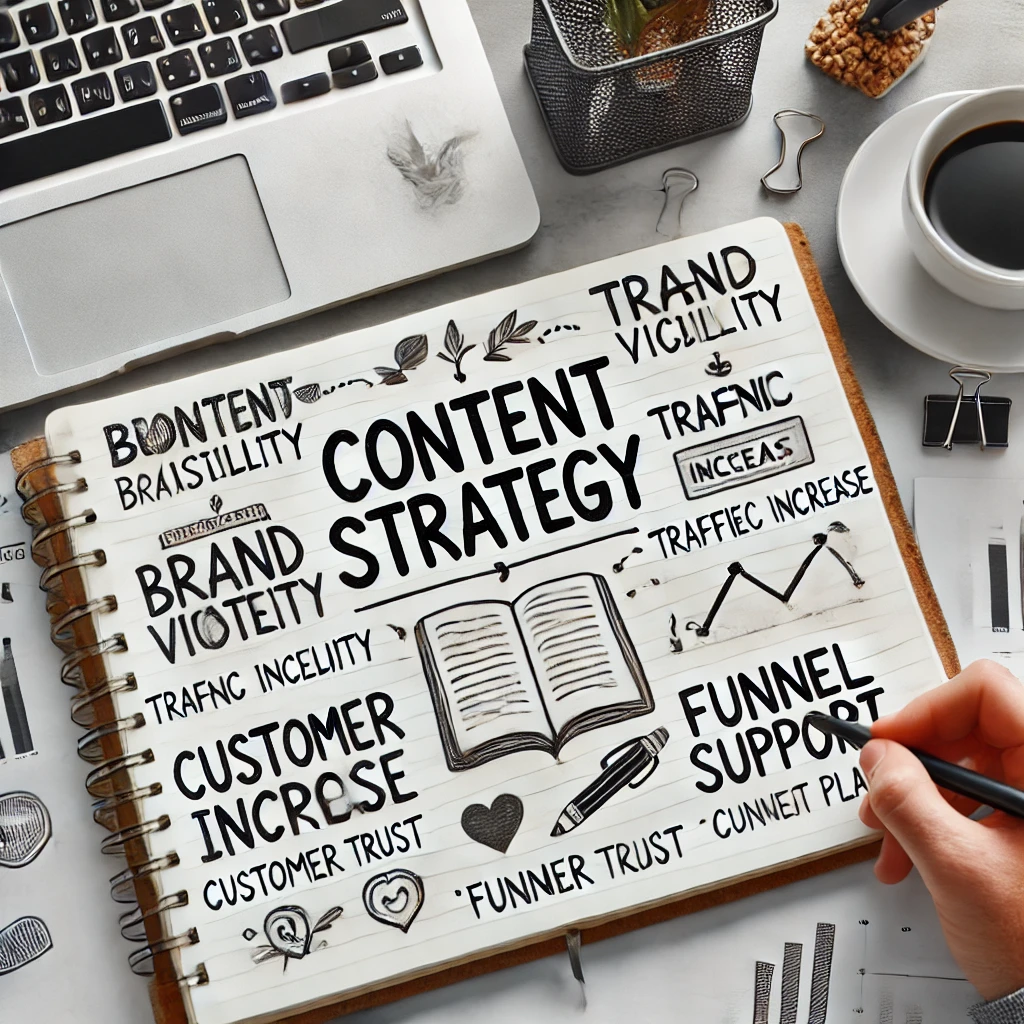 Blocco note con la scritta "Content Strategy", circondato da parole chiave come "brand visibility", "traffic increase", "customer trust", "funnel support", e "content plan".
