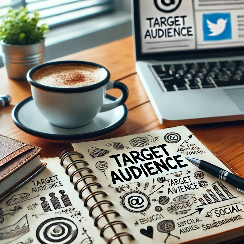 Primo piano di un taccuino con una penna e una tazza di caffè su una scrivania. Il taccuino ha scritto 'Target Audience' con schizzi e appunti.