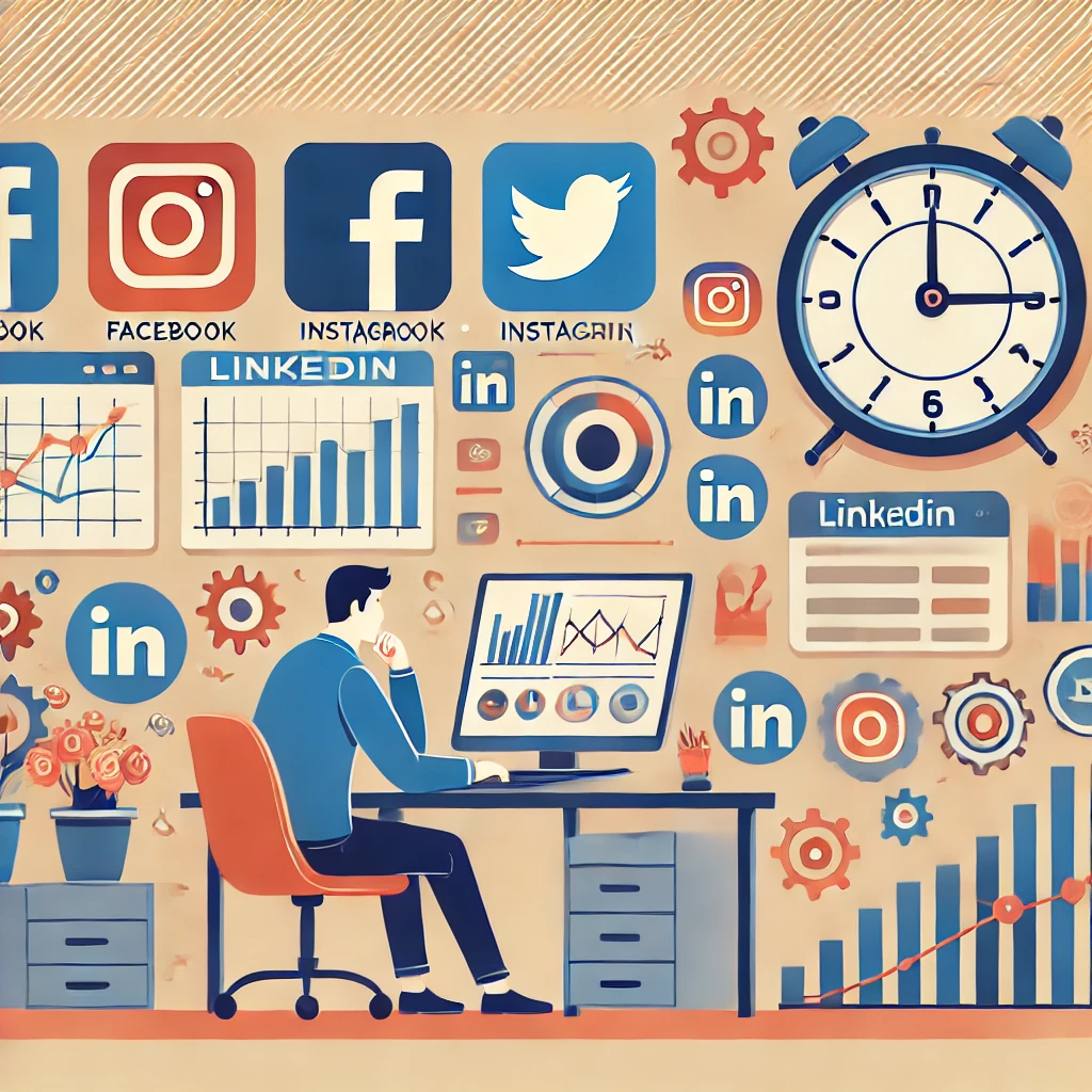 Persona alla scrivania con un laptop, circondata da icone di piattaforme sociali e grafici di gestione del tempo e delle risorse.