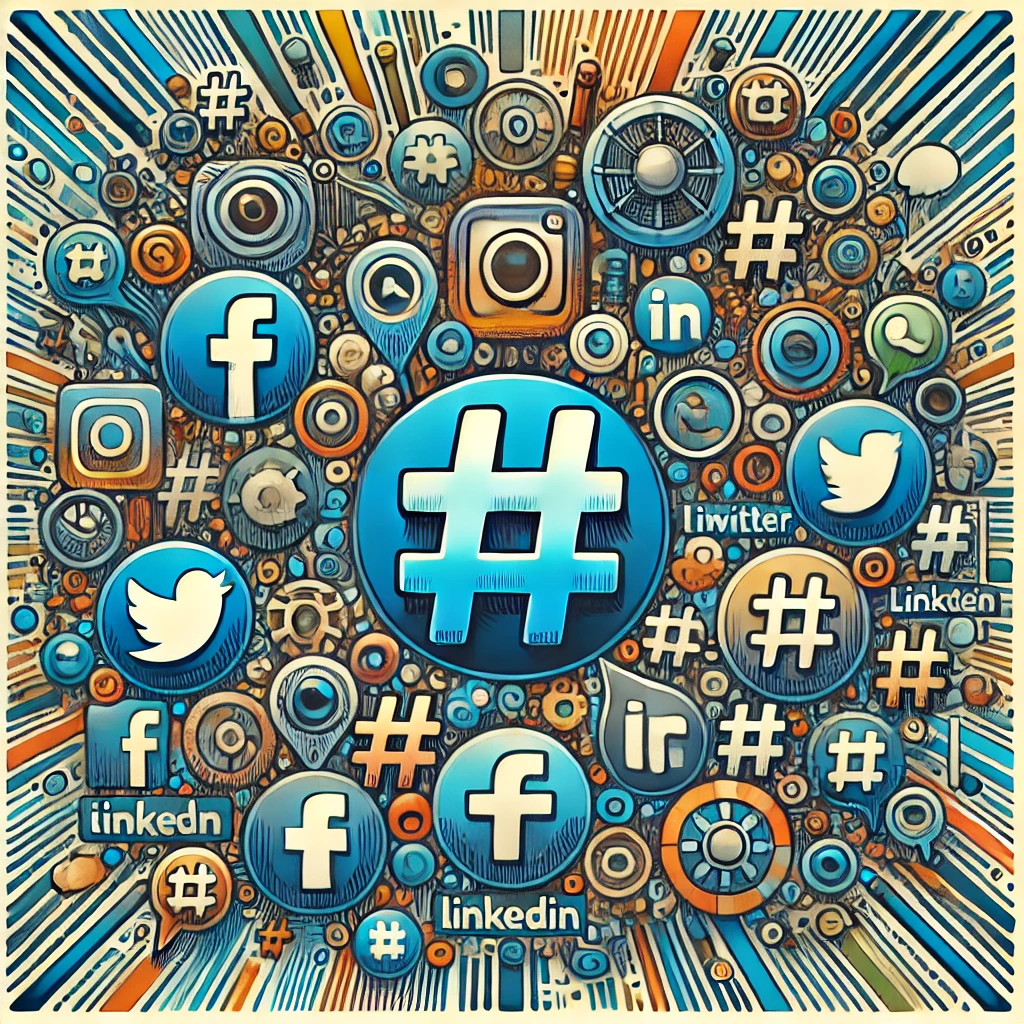 Icone dei social media intorno a un simbolo hashtag.