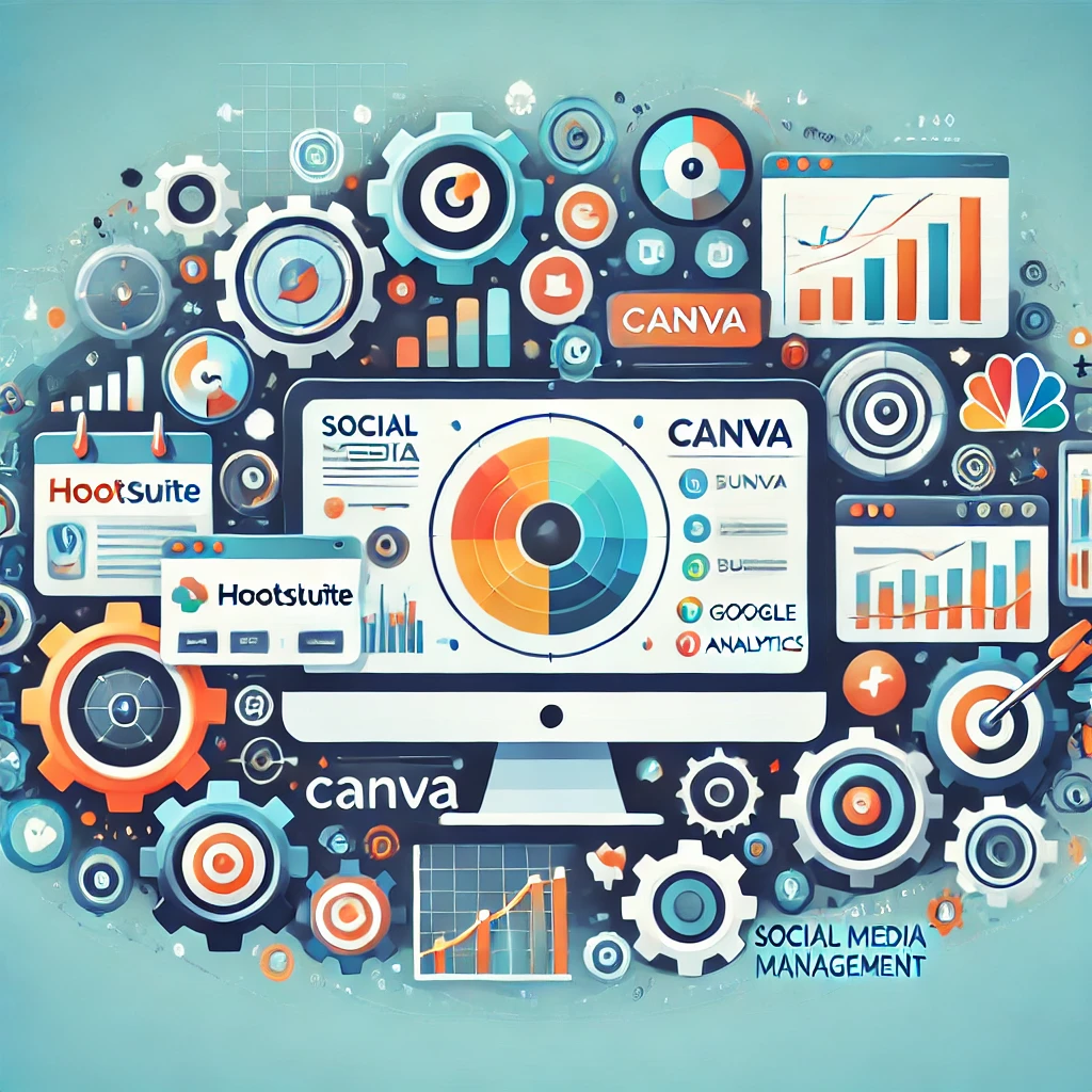 Strumenti di gestione dei social media intorno a uno schermo di computer.