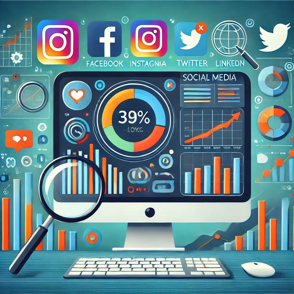 Schermo di computer con analisi dei social media e icone delle piattaforme.