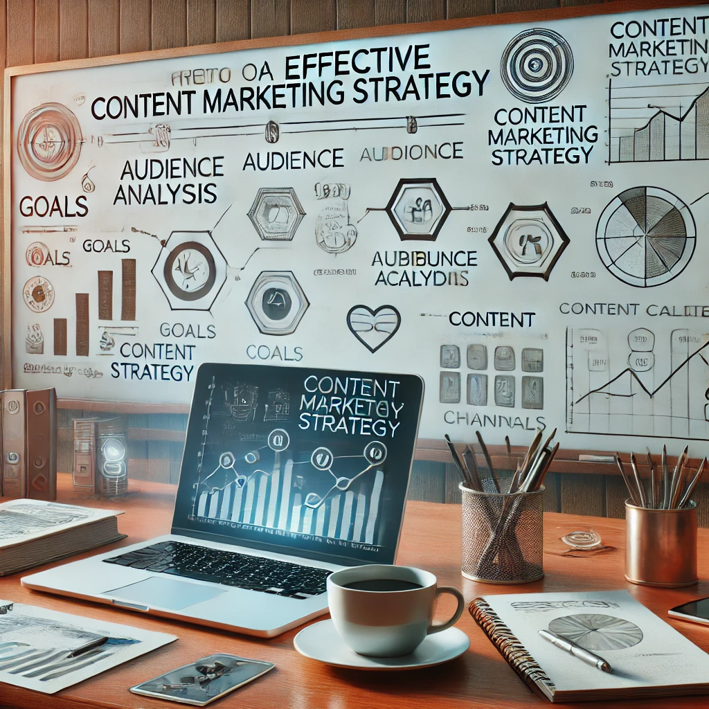 Laptop su una scrivania con elementi grafici di strategia di content marketing sullo sfondo.