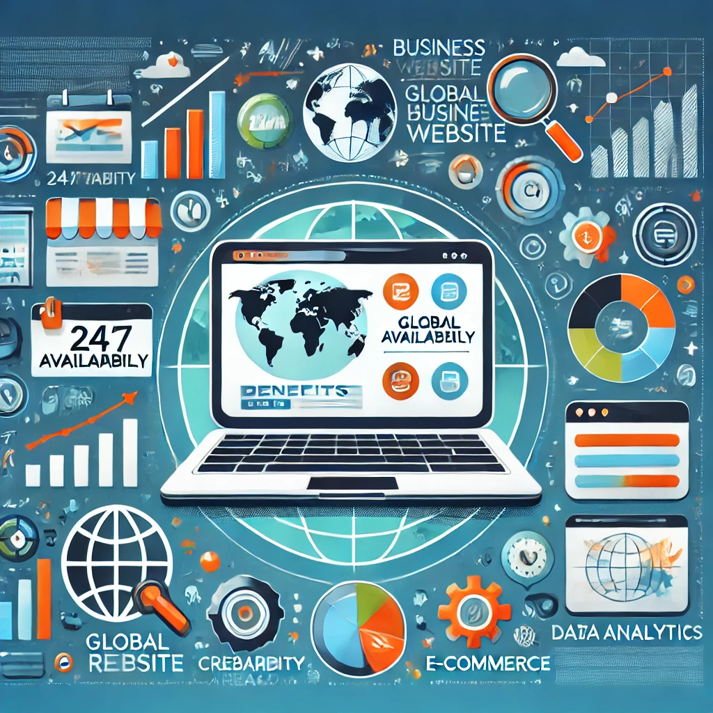 Laptop con sito web aziendale e icone dei benefici.