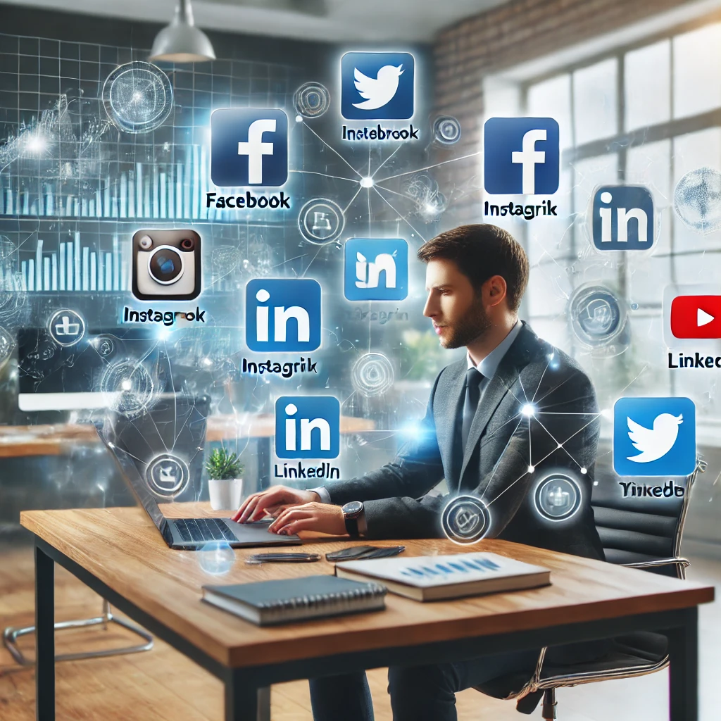 Professionista al computer con icone di social media intorno.