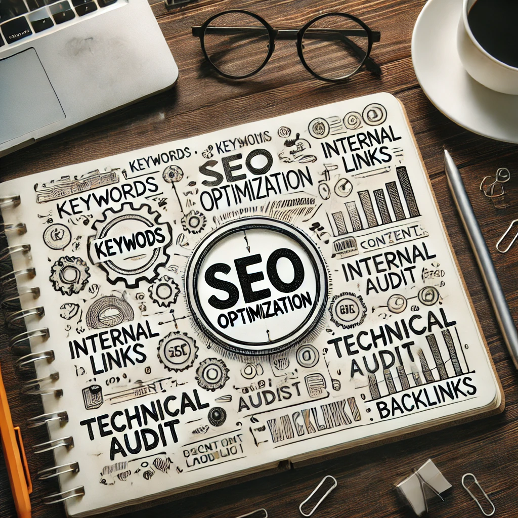 Blocco note con "SEO Optimization" scritto, circondato da parole chiave.