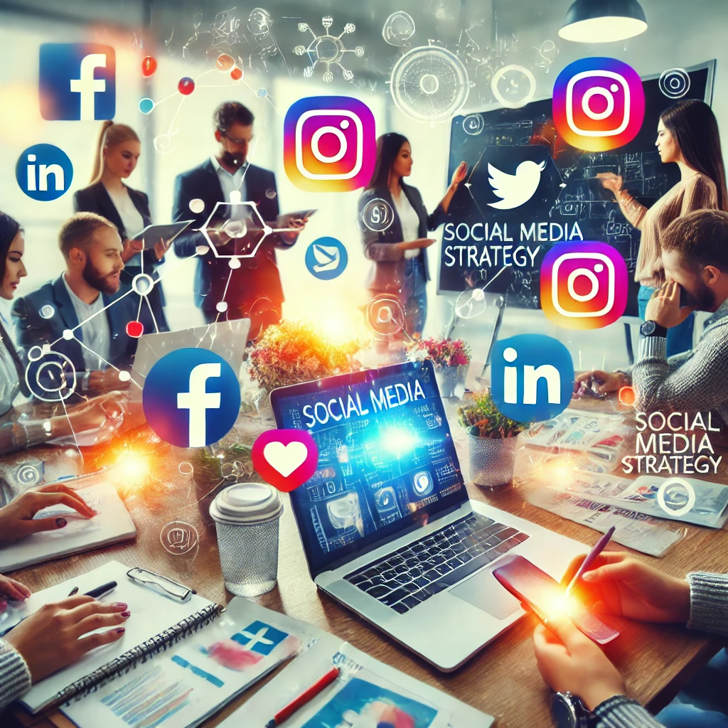 Gruppo di giovani professionisti che lavorano su una strategia di SMM per una startup.