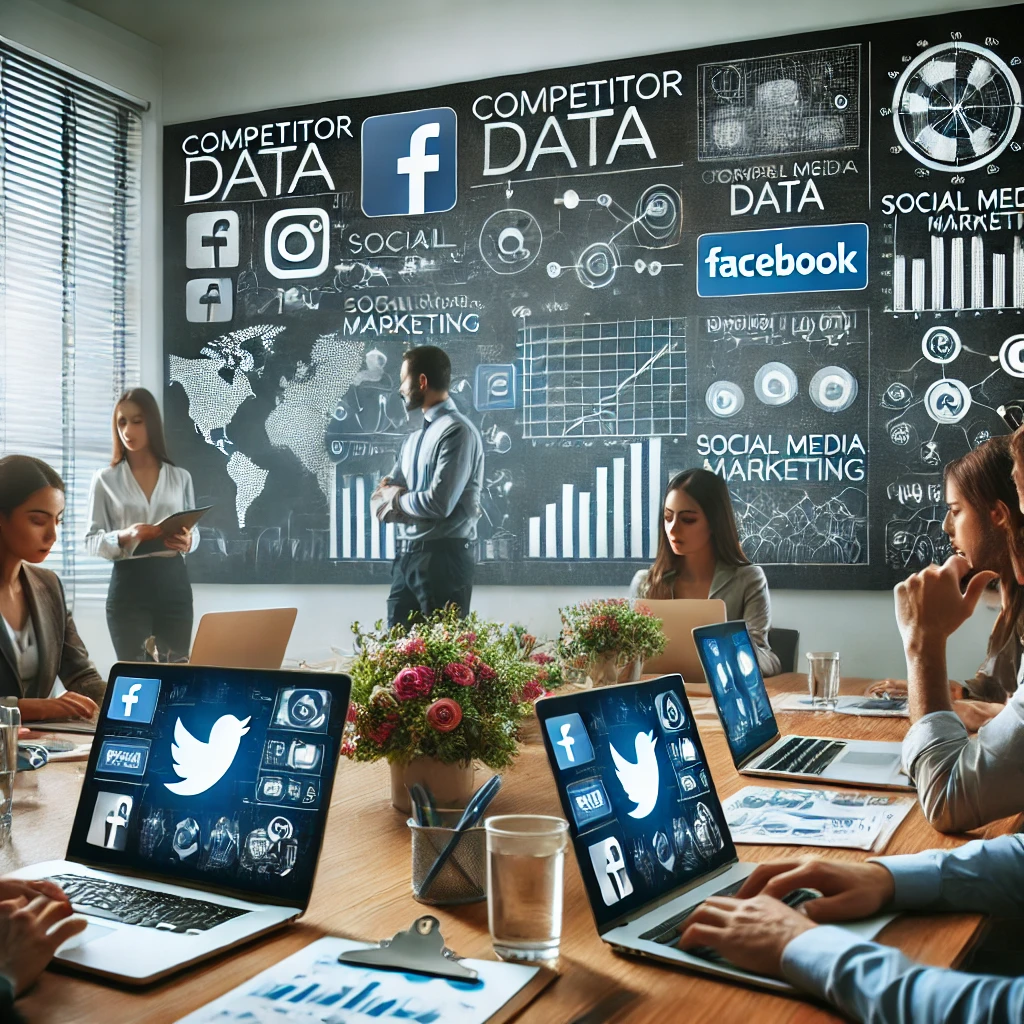 Team di professionisti che analizza i dati dei concorrenti per il SMM in un ufficio moderno.