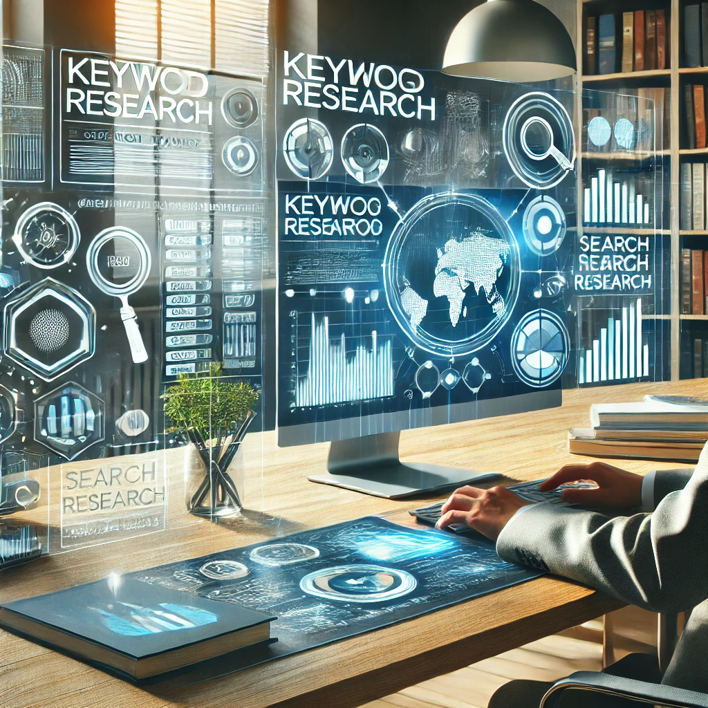 Professionista che lavora sul keyword research in un ufficio moderno.