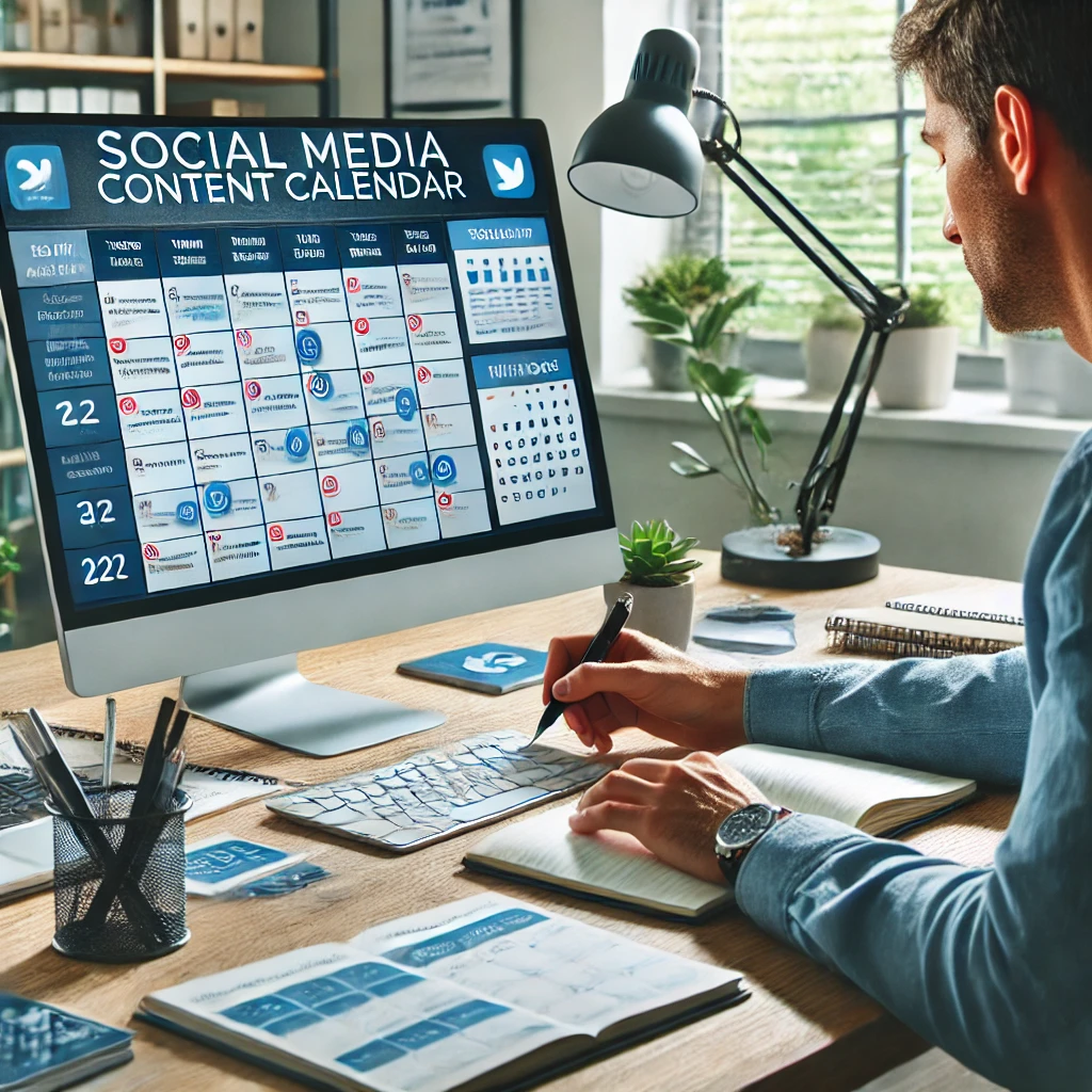 Professionista che pianifica un calendario editoriale per i social media in un ufficio moderno.