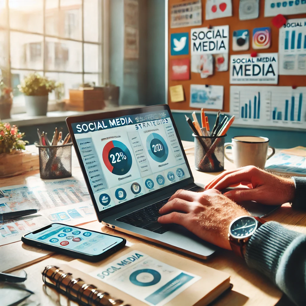 Un proprietario di piccola impresa che lavora su strategie di social media. La scena mostra una scrivania con un laptop che visualizza dashboard dei social media, uno smartphone con app di social media e un blocco note con piani strategici.