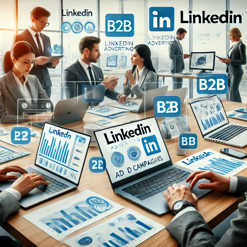 Professionisti che lavorano su strategie di pubblicità su LinkedIn per il B2B in un ufficio moderno.