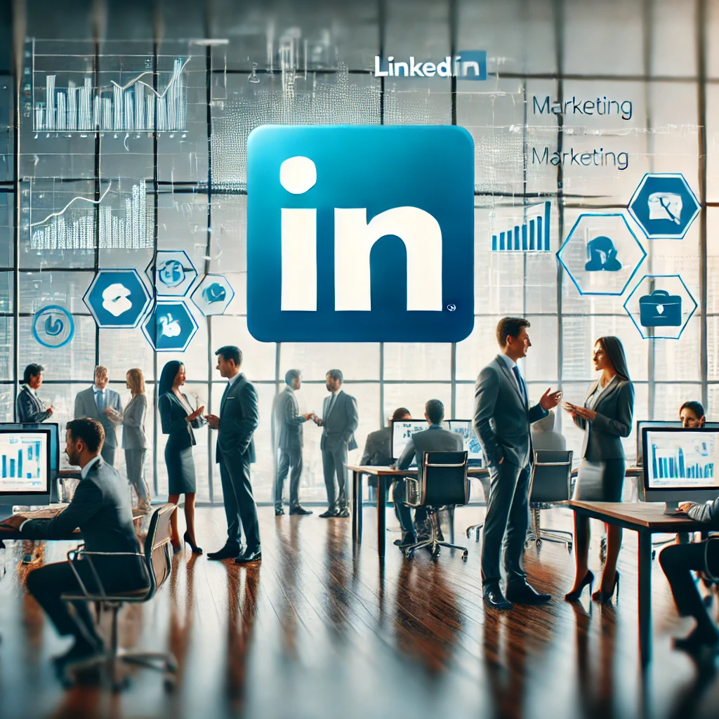 Ambientazione professionale aziendale con logo LinkedIn in primo piano.