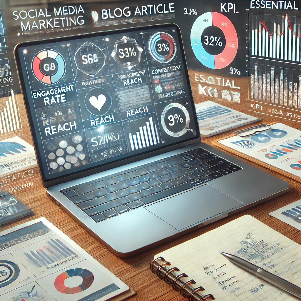 Scrivania moderna con laptop che mostra metriche KPI per il marketing sui social media, circondata da grafici e note di strategia.