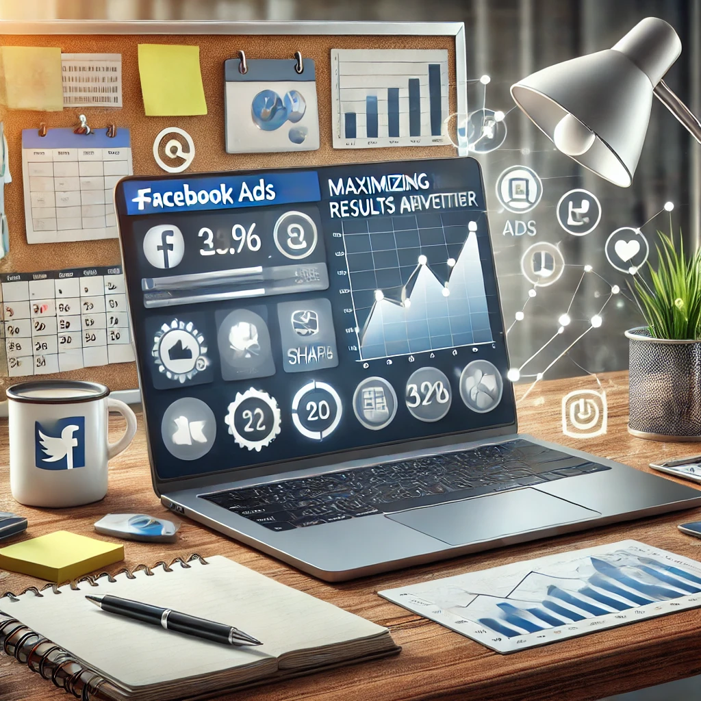 Scrivania moderna con laptop che mostra Facebook Ads Manager con analisi, grafici e icone rappresentanti metriche di engagement come like, condivisioni e commenti.