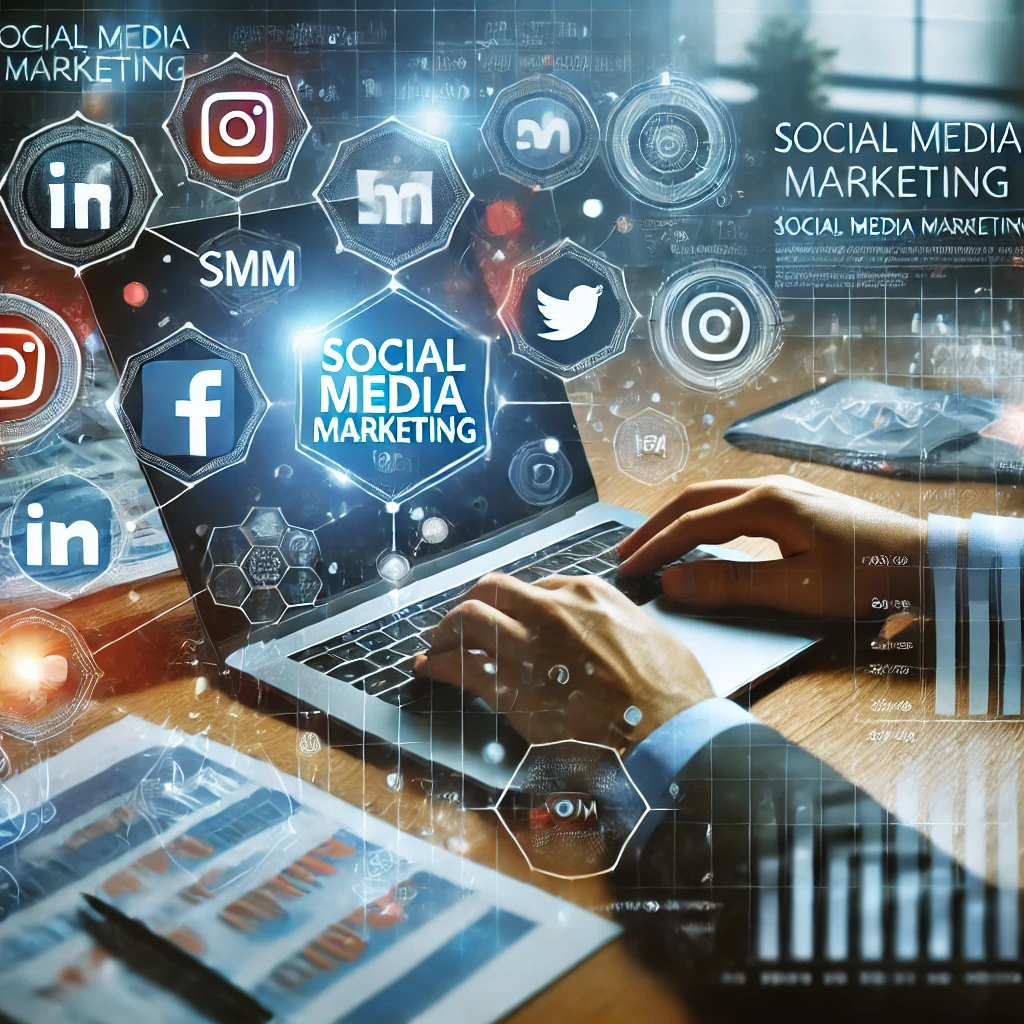 Persona che lavora su un laptop circondato da icone di social media come Facebook, Instagram, Twitter e LinkedIn.