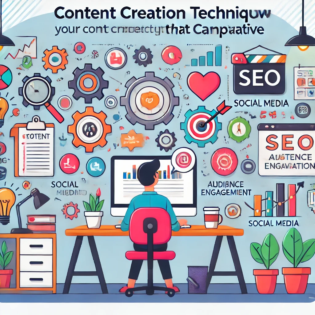 Immagine in stile cartone animato di una persona che lavora alla creazione di contenuti a una scrivania con strumenti di creazione, icone rappresentanti storytelling, SEO, social media e coinvolgimento del pubblico.