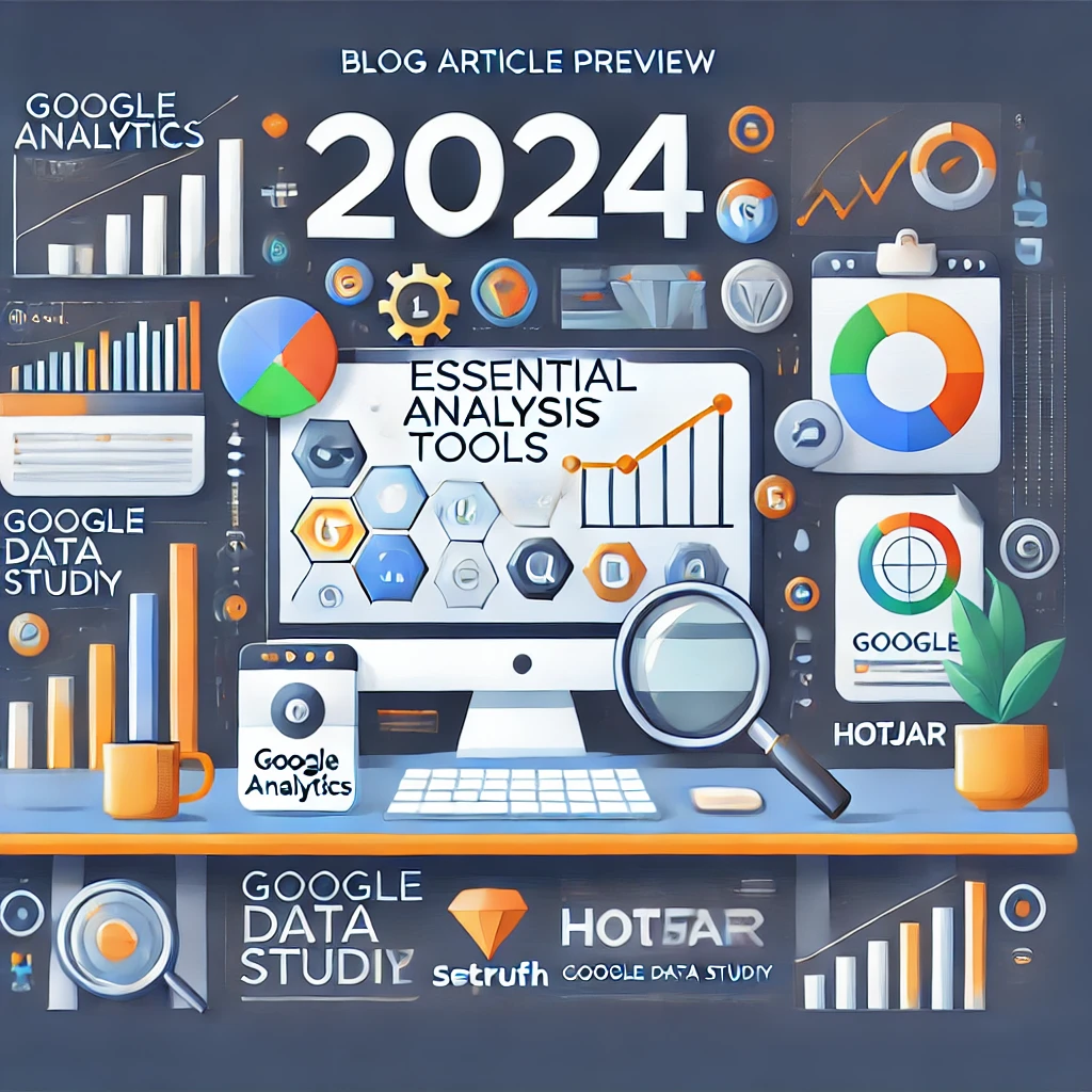 Immagine in stile grafico che rappresenta uno spazio di lavoro moderno con icone di strumenti di analisi come Google Analytics, SEMrush, Google Data Studio, Ahrefs e Hotjar.