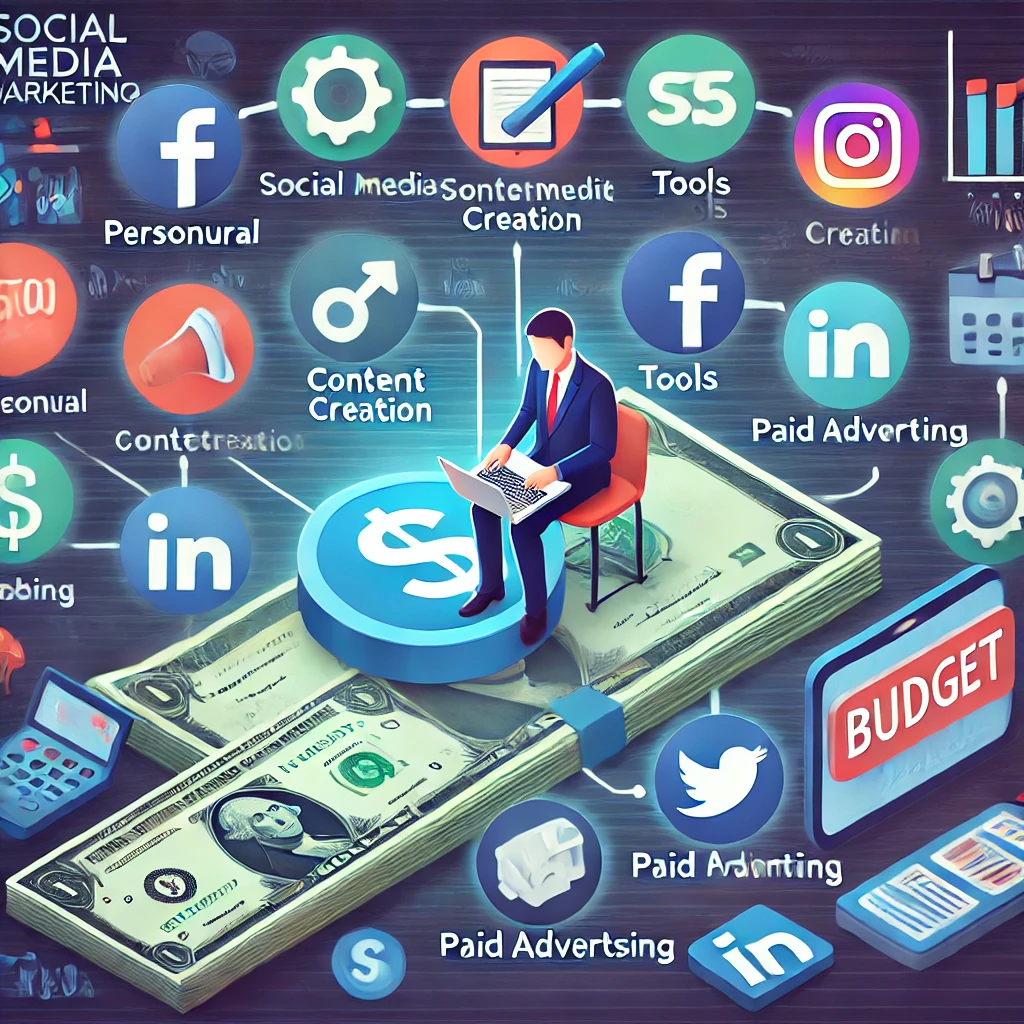 Icone che rappresentano i costi associati all'implementazione di una strategia di Social Media Marketing (SMM), inclusi personale, strumenti, creazione di contenuti, pubblicità a pagamento e formazione.