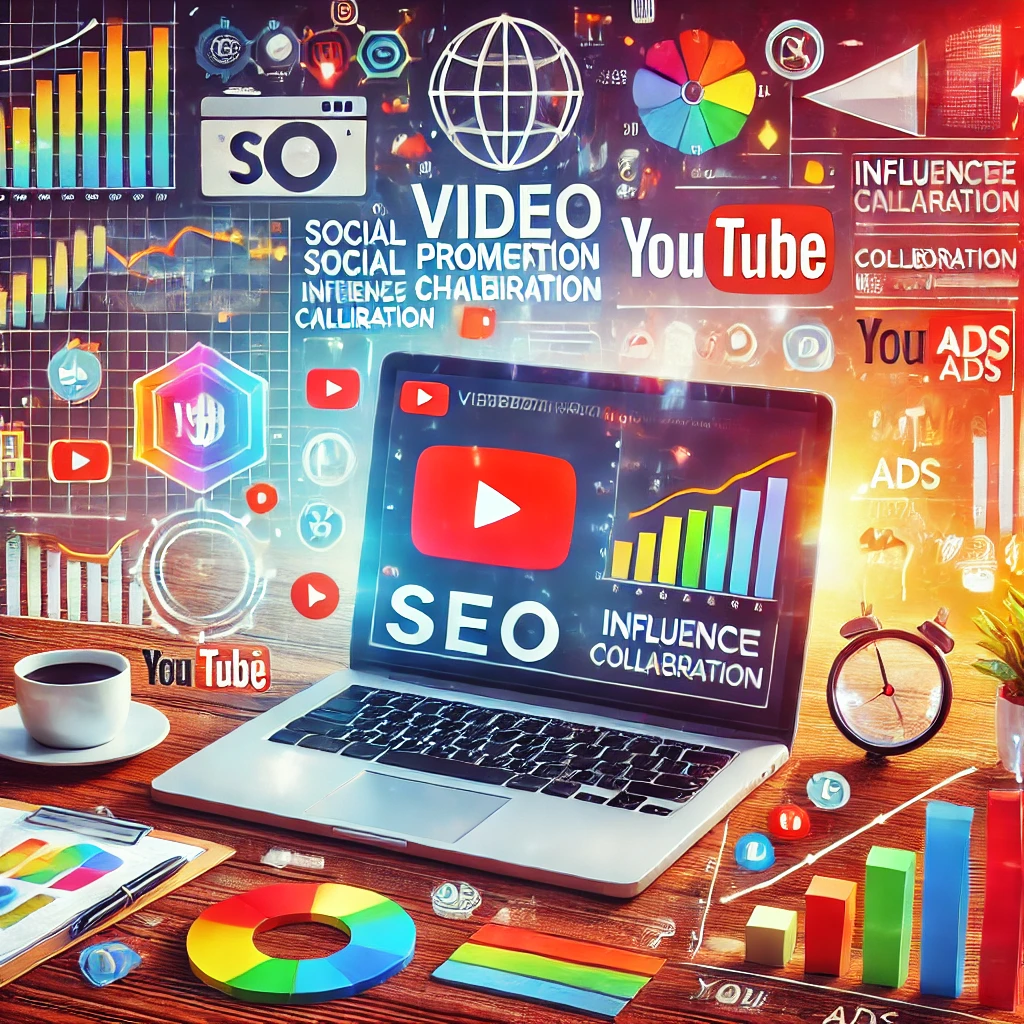 Immagine vivace e coinvolgente per un articolo sul blog sulle strategie di promozione video su YouTube, con un laptop che mostra analisi di YouTube, grafici e icone rappresentanti SEO, condivisione sui social media, collaborazione con influencer e annunci YouTube.