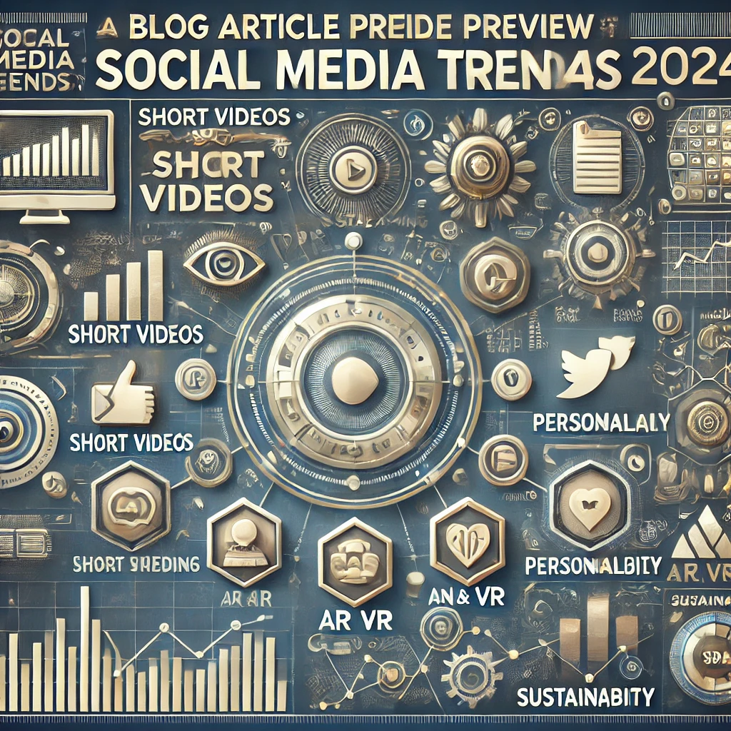 Immagine in stile grafico per un articolo sul blog sulle tendenze social media per il 2024, con un'interfaccia digitale moderna e icone rappresentanti video brevi, live streaming, personalizzazione, AR e VR, e sostenibilità.