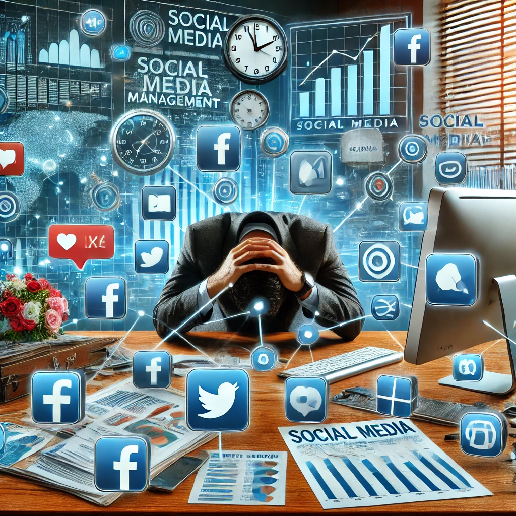 Persona che fatica a gestire più piattaforme di social media alla scrivania con icone di app social, grafici e diagrammi.