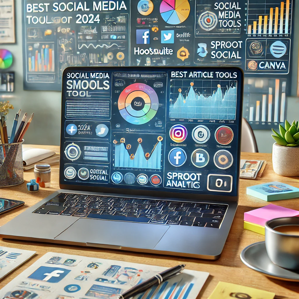 Immagine iperrealistica per un articolo sul blog sui migliori strumenti di SMM del 2024, con uno spazio di lavoro moderno, un laptop che mostra analisi di gestione dei social media, grafici e icone rappresentanti strumenti SMM come Hootsuite, Buffer, Sprout Social, Google Analytics e Canva.