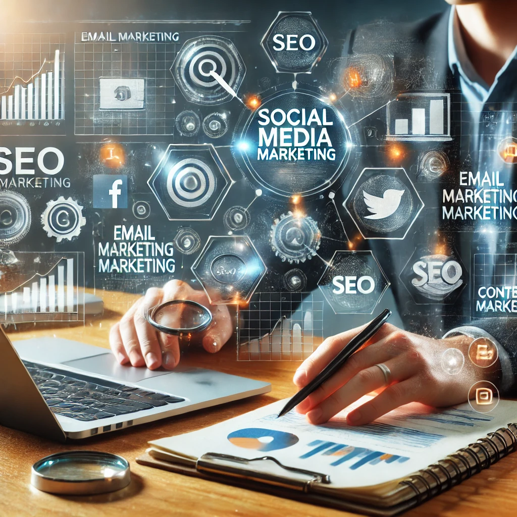 Marketer digitale alla scrivania che integra il social media marketing con varie altre strategie di marketing.