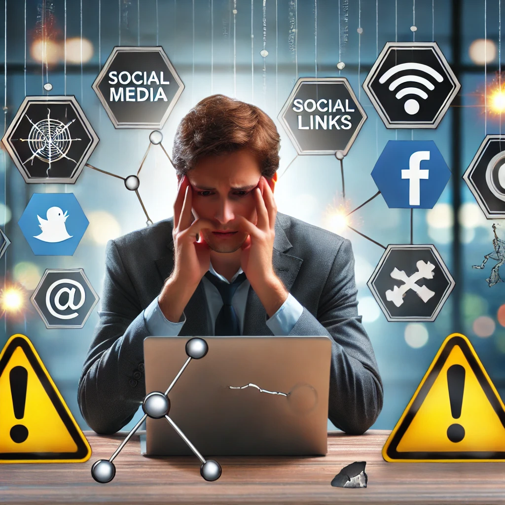Marketer digitale che affronta sfide sulle piattaforme social, con icone dei social media, segni di avvertimento e link rotti.