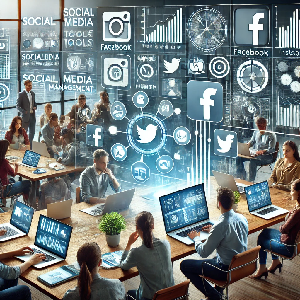 Strumenti di gestione dei social media in un ufficio moderno con laptop, dashboard, grafici e icone delle piattaforme social.