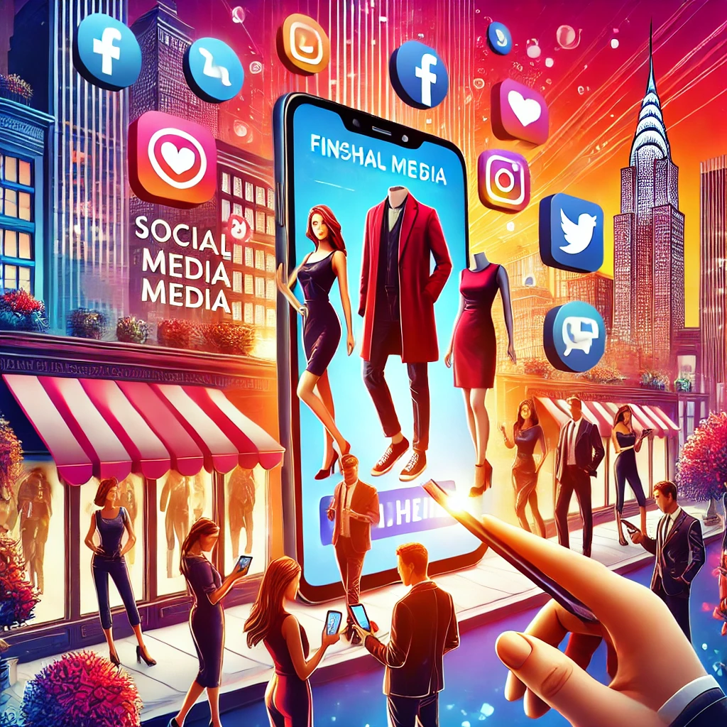 Azienda di moda che interagisce sui social media con smartphone e abbigliamento stiloso.