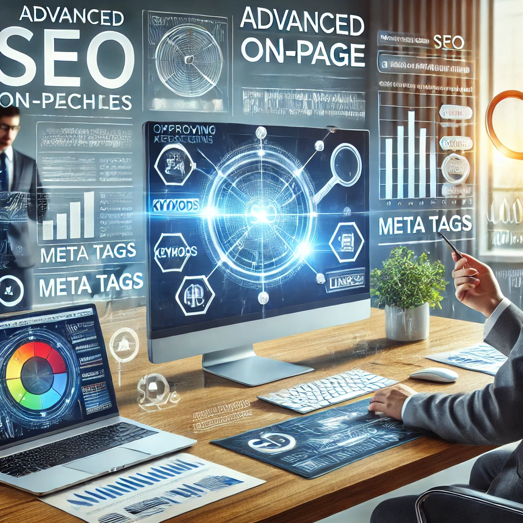 Tecniche avanzate di SEO On-Page con schermo del computer che mostra strumenti SEO e analisi.