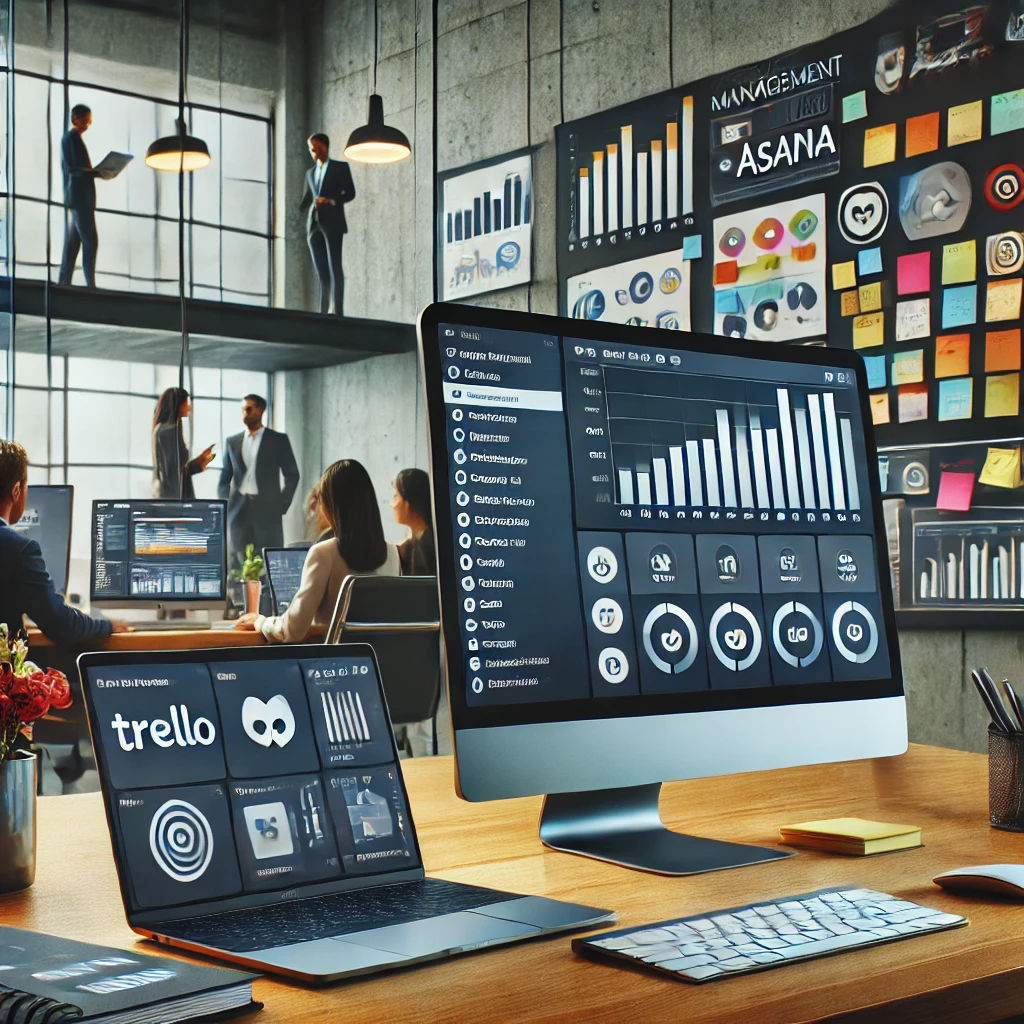 Spazio di lavoro moderno con computer che mostra software di gestione progetti e team che collabora sullo sfondo.