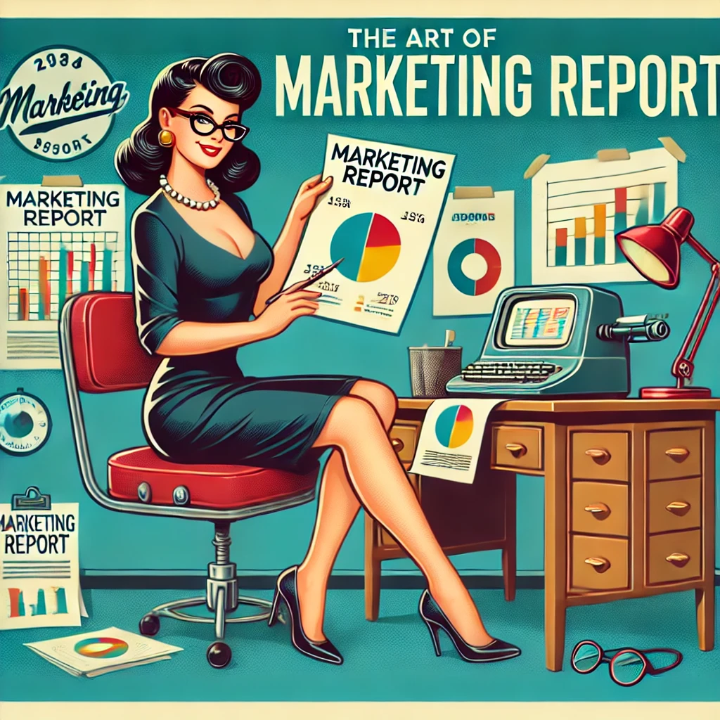 Illustrazione in stile pin-up di un professionista che crea un report di marketing