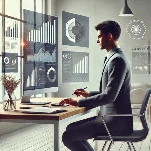 Professionista che crea un report di marketing in un'illustrazione moderna e raffinata.