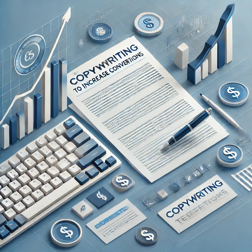 Immagine di anteprima per un articolo sulle migliori tecniche di copywriting per aumentare le conversioni, con elementi come tastiera, penna, carta e grafici in crescita.