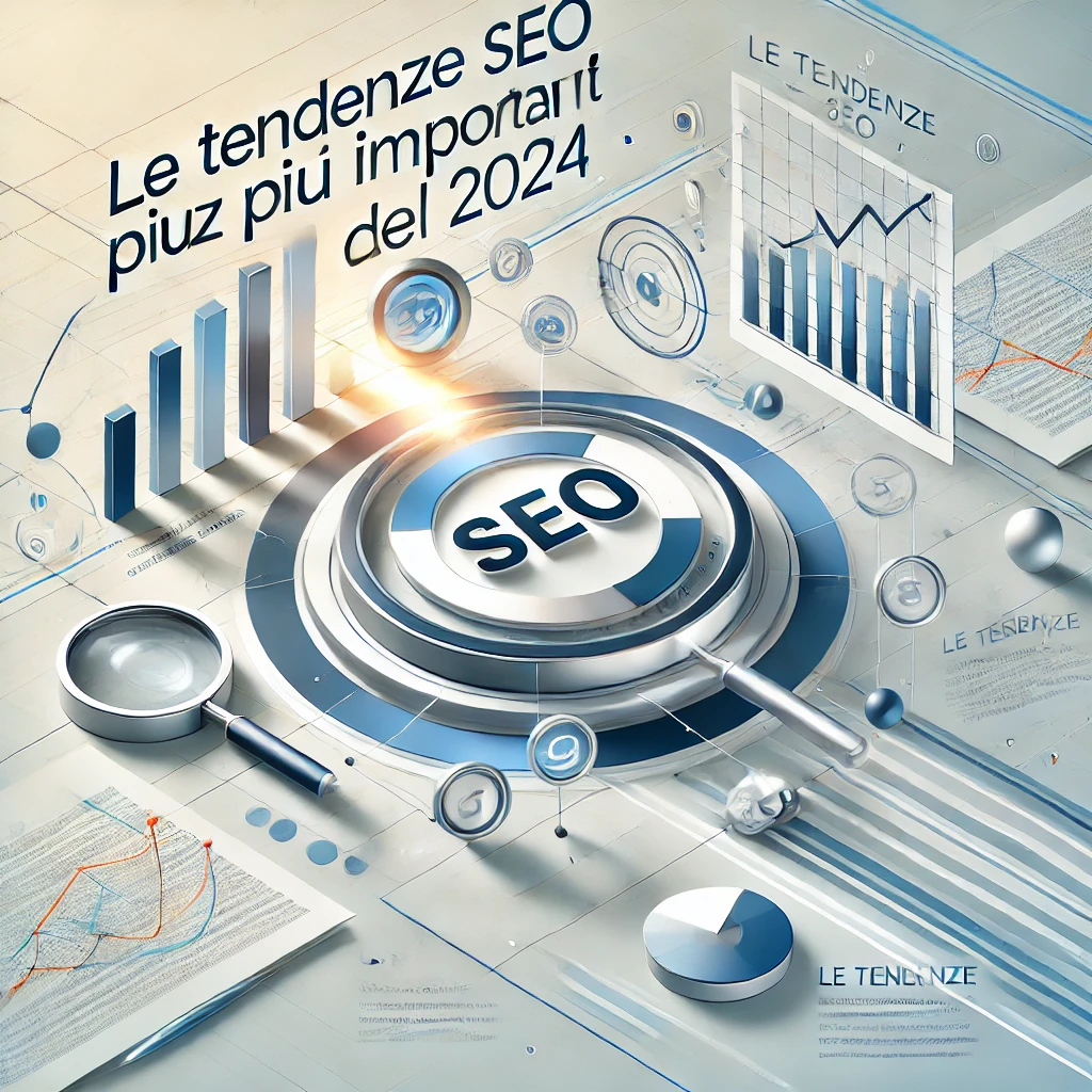 Anteprima dell'articolo "Le Tendenze SEO più Importanti del 2024" con elementi SEO come icone di motori di ricerca e grafici di tendenze.