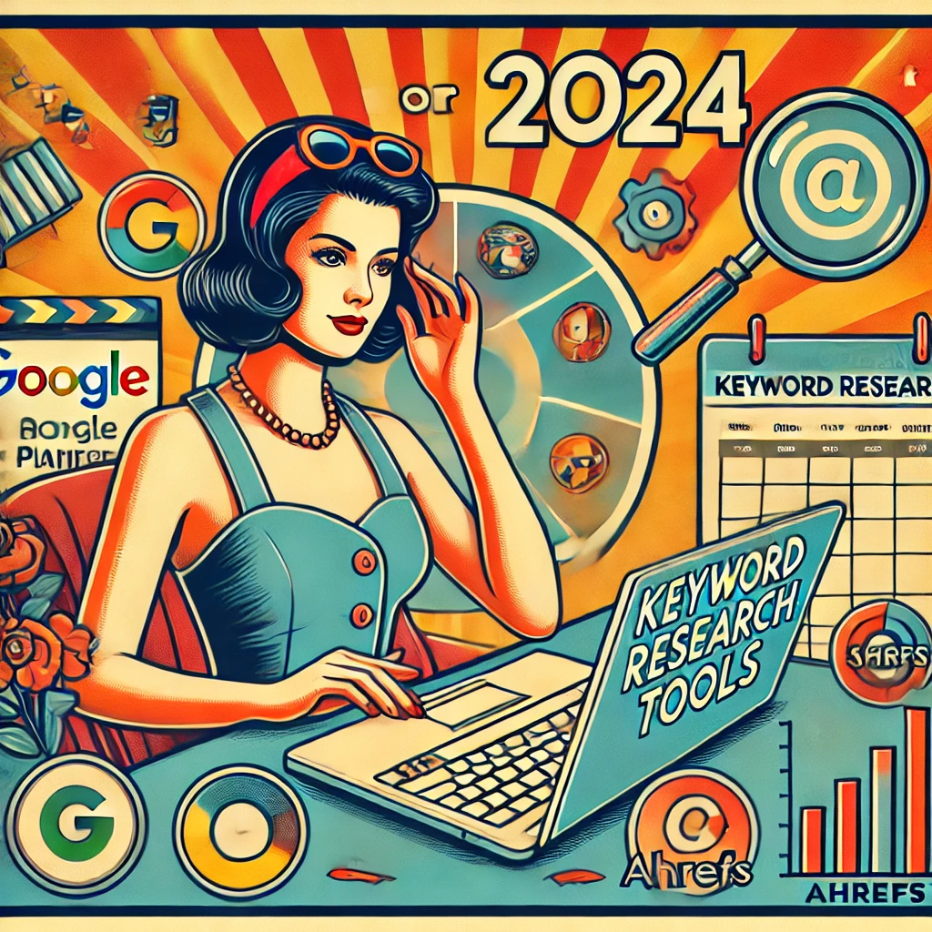 Immagine in stile pin-up che illustra gli strumenti di keyword research per il 2024, con una donna vintage che lavora su un laptop circondata da icone di strumenti come Google Keyword Planner, Ahrefs e SEMrush.