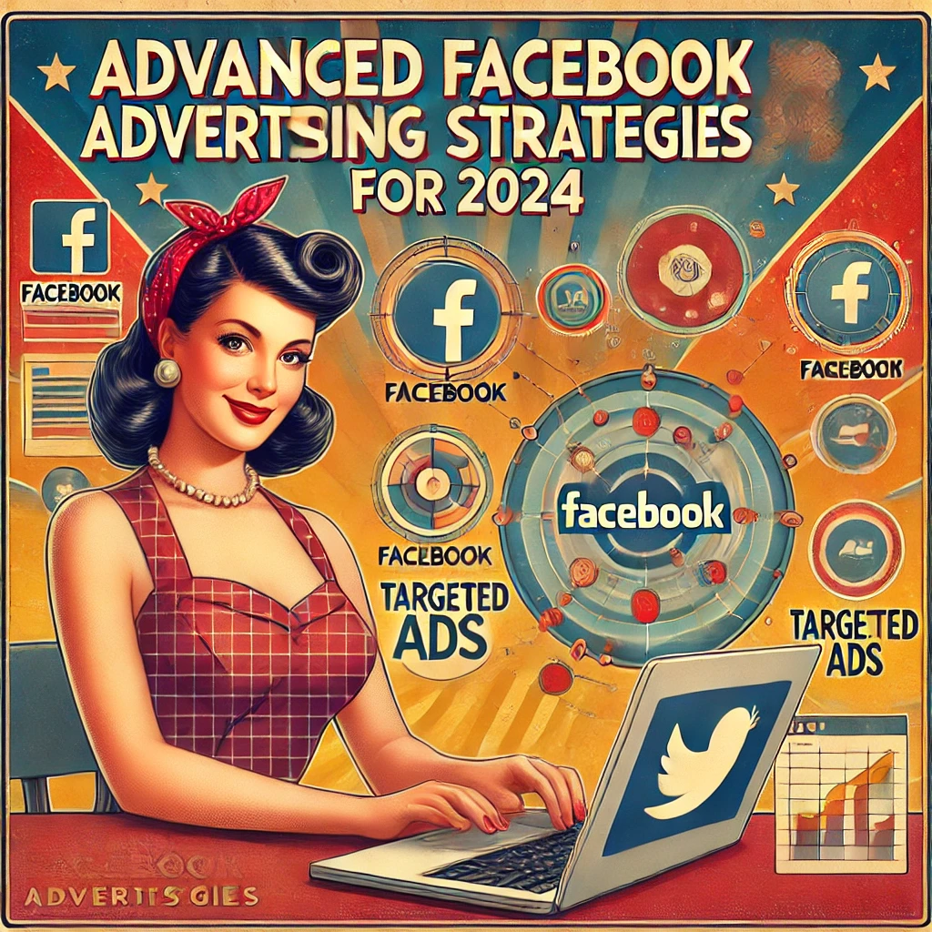 Immagine in stile pin-up che illustra strategie avanzate per la pubblicità su Facebook nel 2024, con una donna vintage che lavora su un laptop con icone di Facebook e elementi pubblicitari.