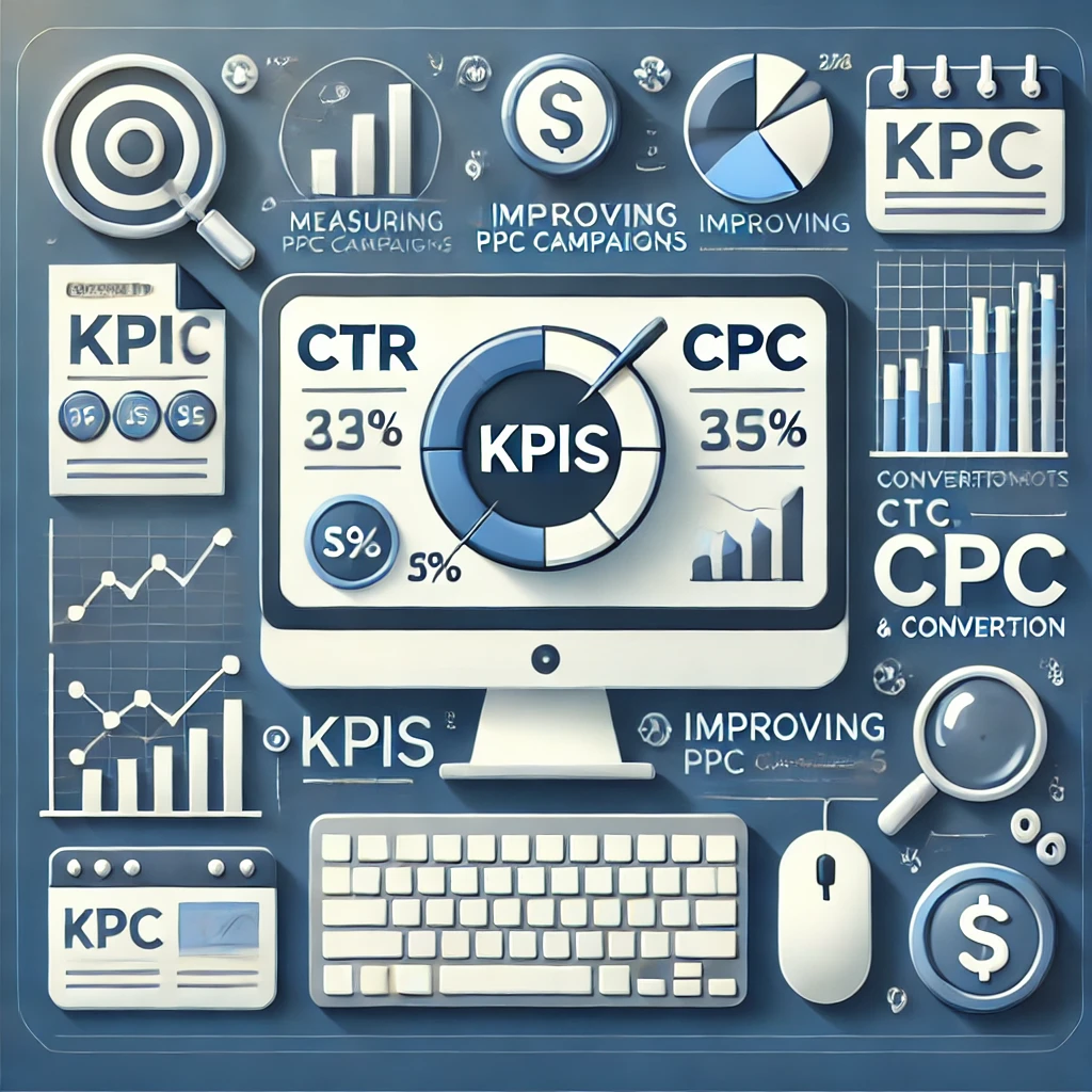 Immagine di anteprima per un articolo su come misurare e migliorare i KPI nelle campagne PPC, con grafici, schermo del computer e icone che rappresentano i KPI come CTR, CPC e conversioni.