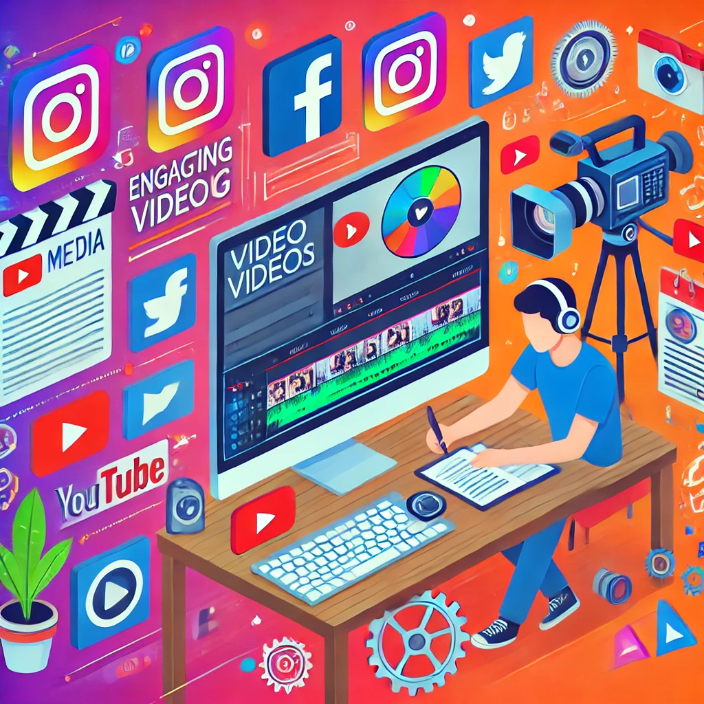Un'immagine che illustra il processo di creazione di video coinvolgenti per i social media, con una persona che lavora su un software di editing video, circondata da icone di Facebook, Instagram e YouTube.