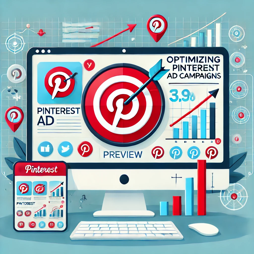 Immagine di anteprima per un articolo sull'ottimizzazione delle campagne pubblicitarie su Pinterest, con il logo di Pinterest, un bersaglio e uno schermo che mostra pin, accompagnati da frecce e grafici che rappresentano la crescita.
