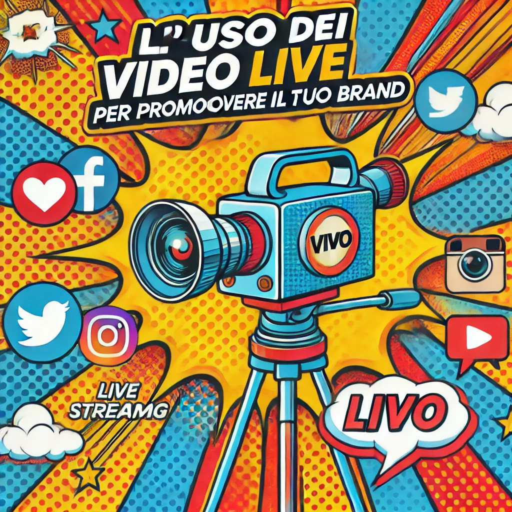 Anteprima in stile pop art dell'articolo "L'uso dei Video Live per Promuovere il Tuo Brand" con elementi come icone di social media e video camera.
