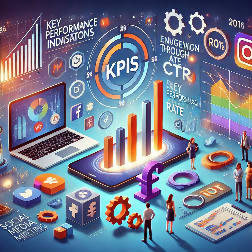 Un'immagine che illustra i KPI essenziali per valutare le campagne SMM, con grafici e diagrammi che mostrano metriche come engagement rate, conversion rate, click-through rate (CTR) e return on investment (ROI), circondata da icone di piattaforme social come Facebook, Instagram e Twitter.