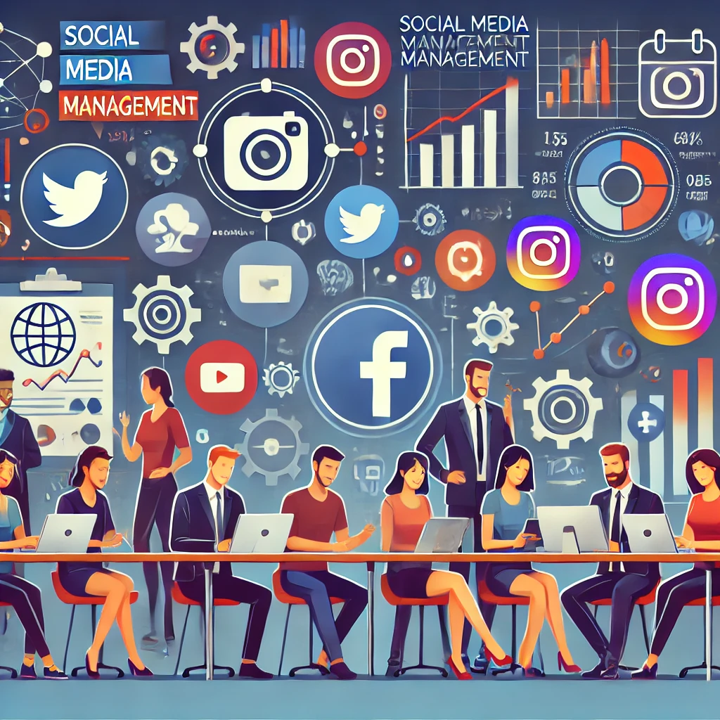 Un'immagine che raffigura un team di social media management di successo, con un gruppo diversificato di persone che lavorano insieme, circondati da icone di piattaforme social come Facebook, Instagram e Twitter.
