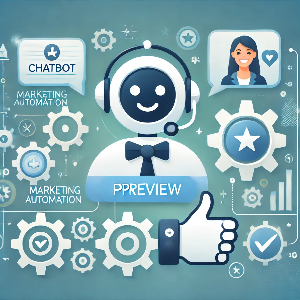 Immagine di anteprima per un articolo sull'uso della marketing automation per migliorare il servizio clienti, con elementi come chatbot, ingranaggi che rappresentano l'automazione e icone di clienti soddisfatti.