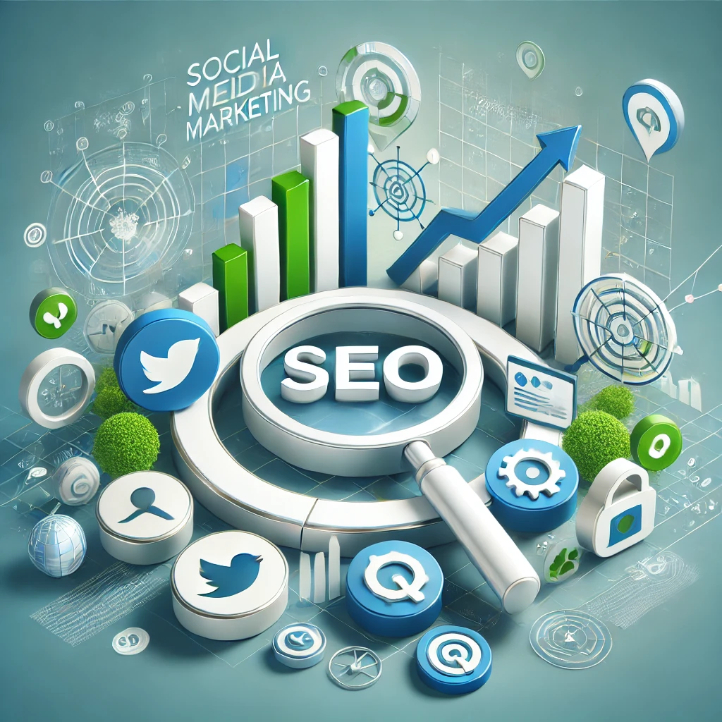 Immagine di anteprima per un articolo su come combinare SMM e SEO per ottenere migliori risultati, con icone di social media, un'icona di motore di ricerca e grafici in crescita.