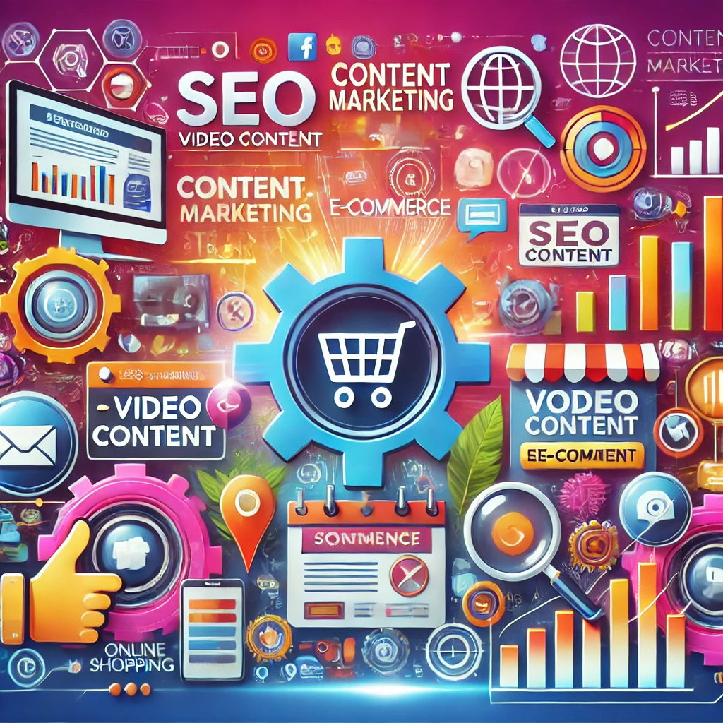 Un'immagine che illustra strategie di content marketing per l'e-commerce, con elementi come icone SEO, contenuti video e immagini di prodotti di alta qualità, circondata da simboli di e-commerce come carrelli della spesa, grafici delle vendite e icone dei social media.