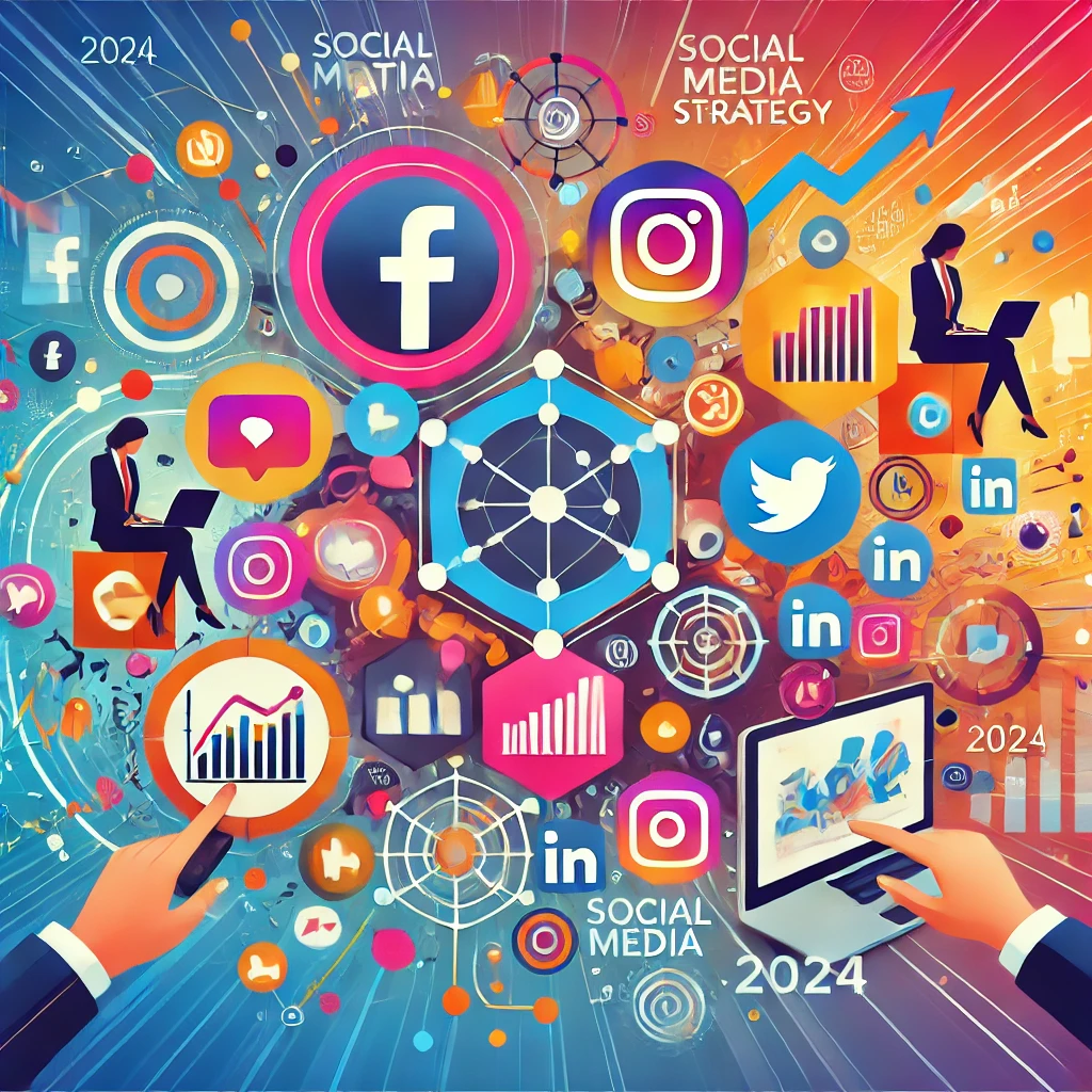 Un concetto vibrante di strategia di social media per il 2024, con icone delle principali piattaforme social, grafici e persone che utilizzano dispositivi digitali.