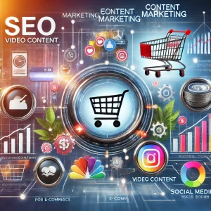Un'immagine che raffigura le strategie essenziali di content marketing per l'e-commerce, con elementi SEO, contenuti video e immagini di prodotti di alta qualità, integrati con simboli come carrelli della spesa, grafici delle vendite e icone dei social media.